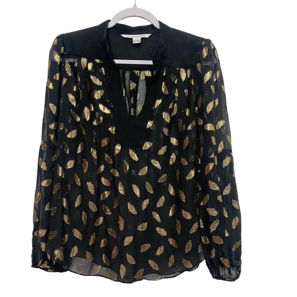 Diane Von Furstenberg Women's 6 Black Gold Top Blouse See Through Lighweight
